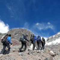 Leaving Aconcagua Base Camp climbing up to Camp 1