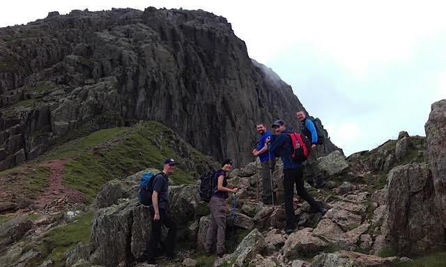 On the descent to Mickledore between Scafell Pike and Scafell. “No we don’t go straight up there, that’s rock climbing. We find an easier route round via Foxes Tarn”