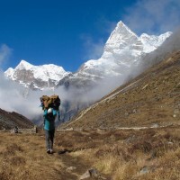 Looking down the Hinku valley with Kusum Kangri (6367m) and Kyashar (6770m).