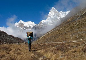 Looking down the Hinku valley with Kusum Kangri (6367m) and Kyashar (6770m).