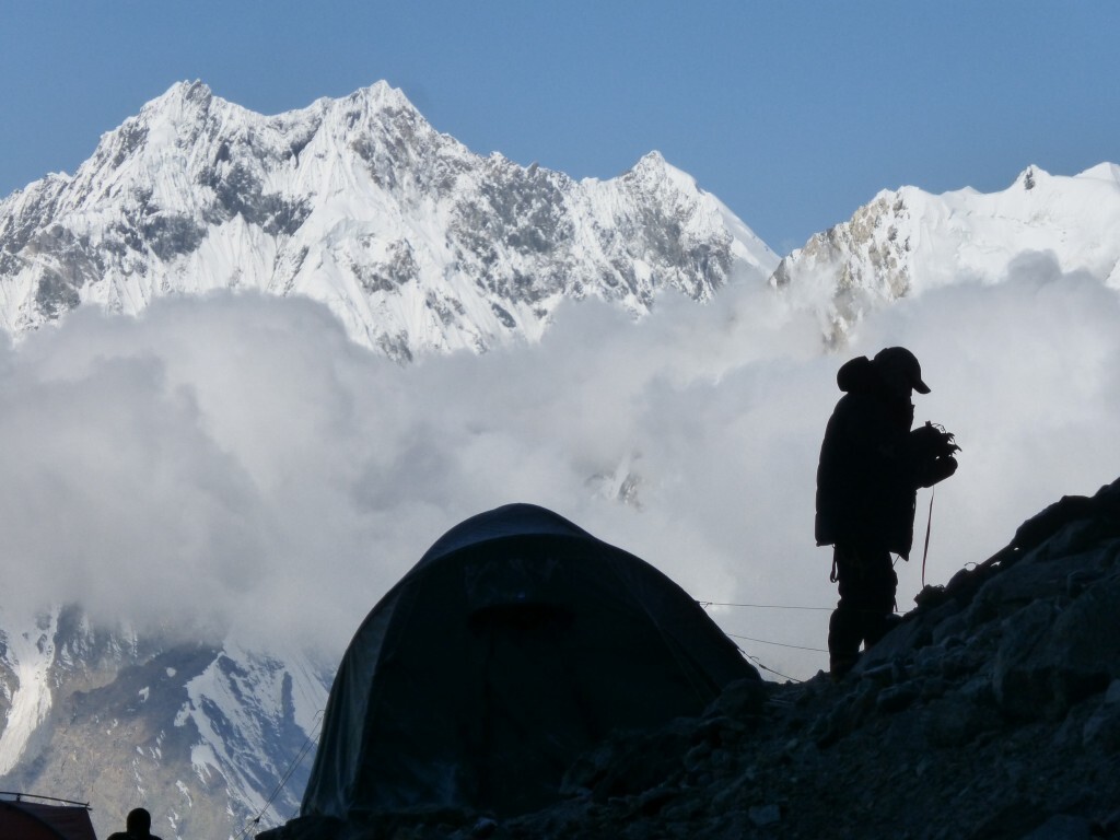 Gordon outside the tent at Camp 1