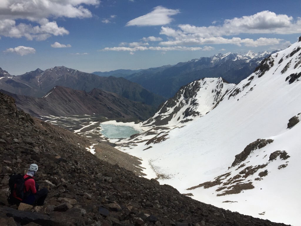 Louise looking back down to the lake camp in descent from Mykal peak