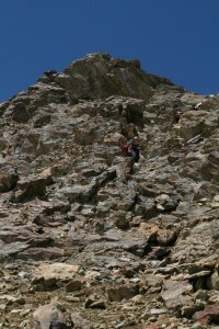 Yulia working through the rock cliffs to camp 1