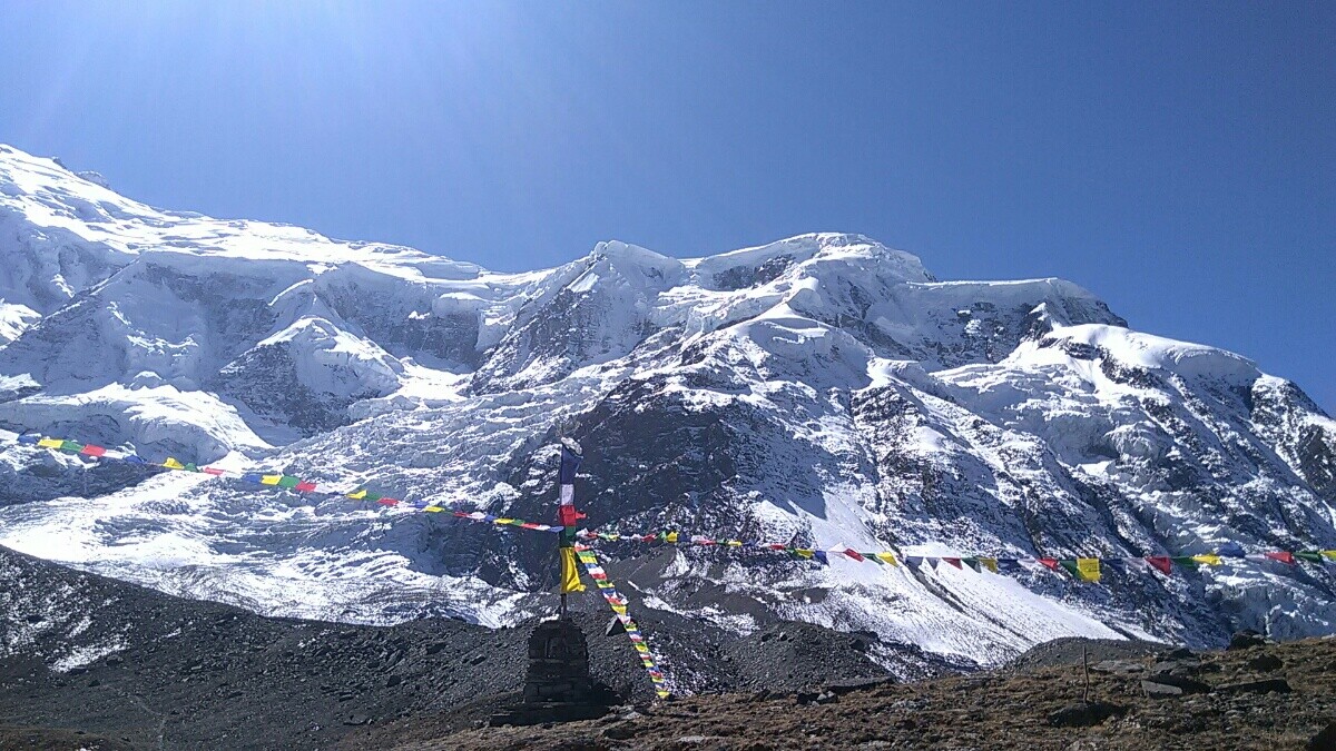 Looking up the dramatic ridge of Annapurna IV From BC