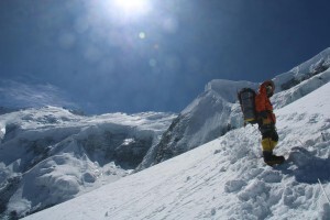 Upendra heading up to C2 with summit in background